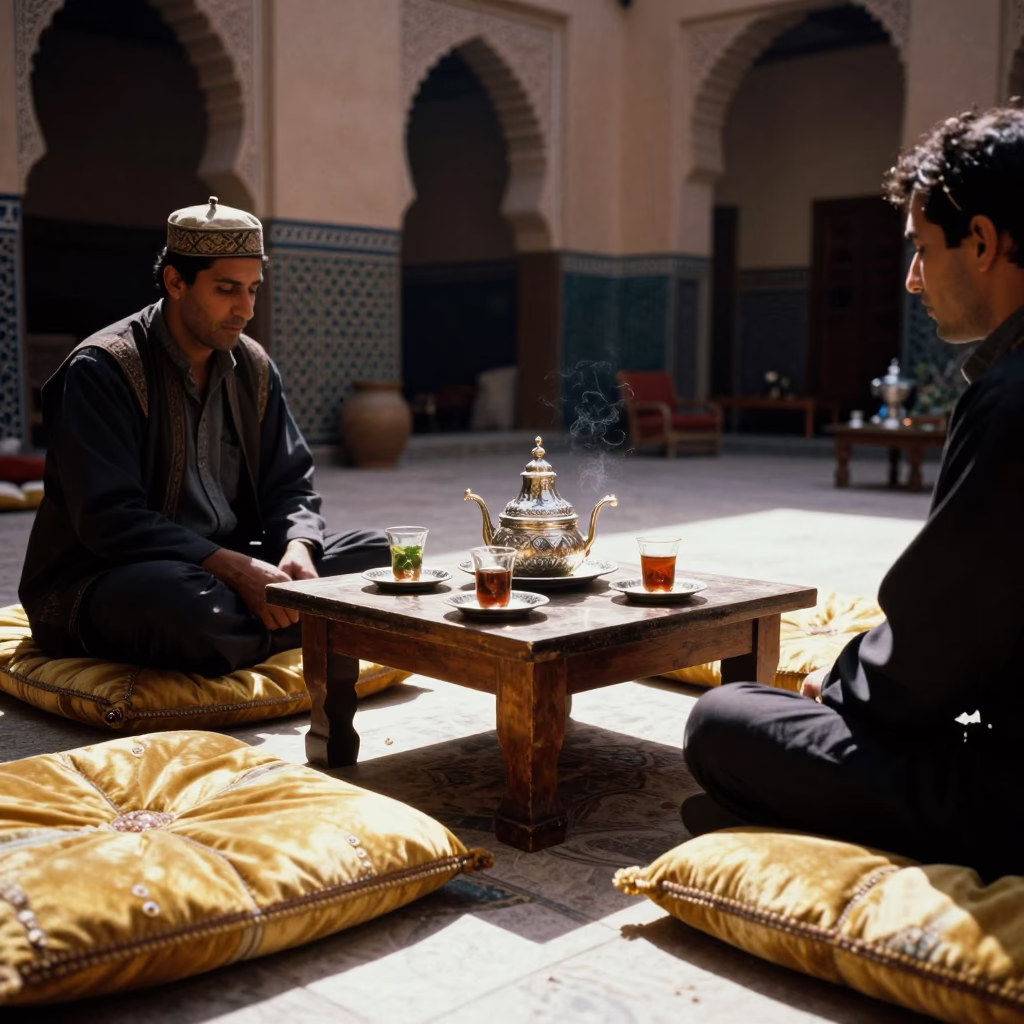 Traditional Moroccan Mint Tea Service with Cushions in Marrakech Medina Late Morning in in Marrakech, Morocco