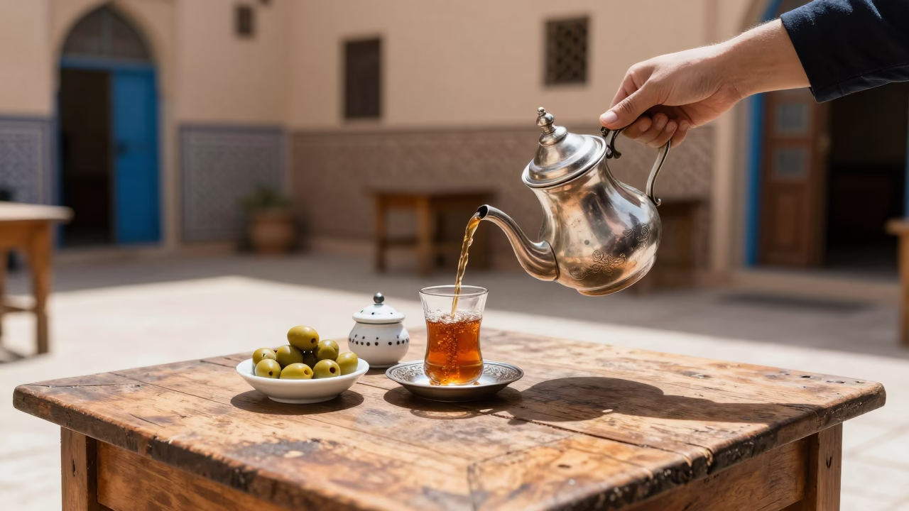 Traditional Moroccan Mint Tea Service with Olives and Salt Cellar in Essaouira in in Essaouira, Morocco