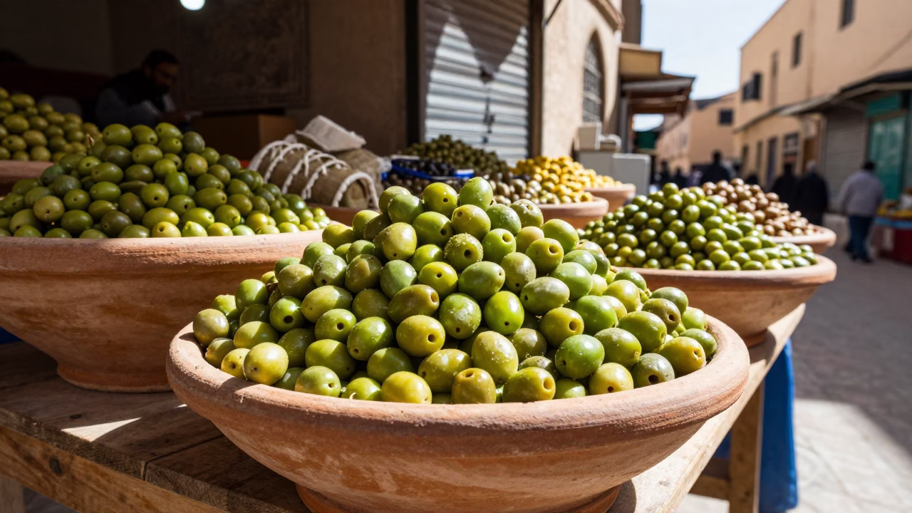 Traditional Moroccan Olive Market Stall in Fez Medina with Fresh Produce Display in in Fez, Morocco