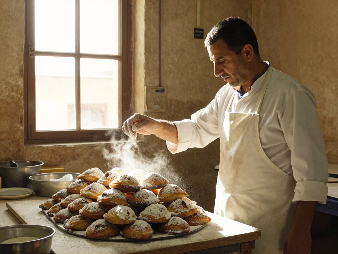 Traditional Moroccan Pastry Chef Dusting Flour in Fez Late Morning Light in in Fez, Morocco
