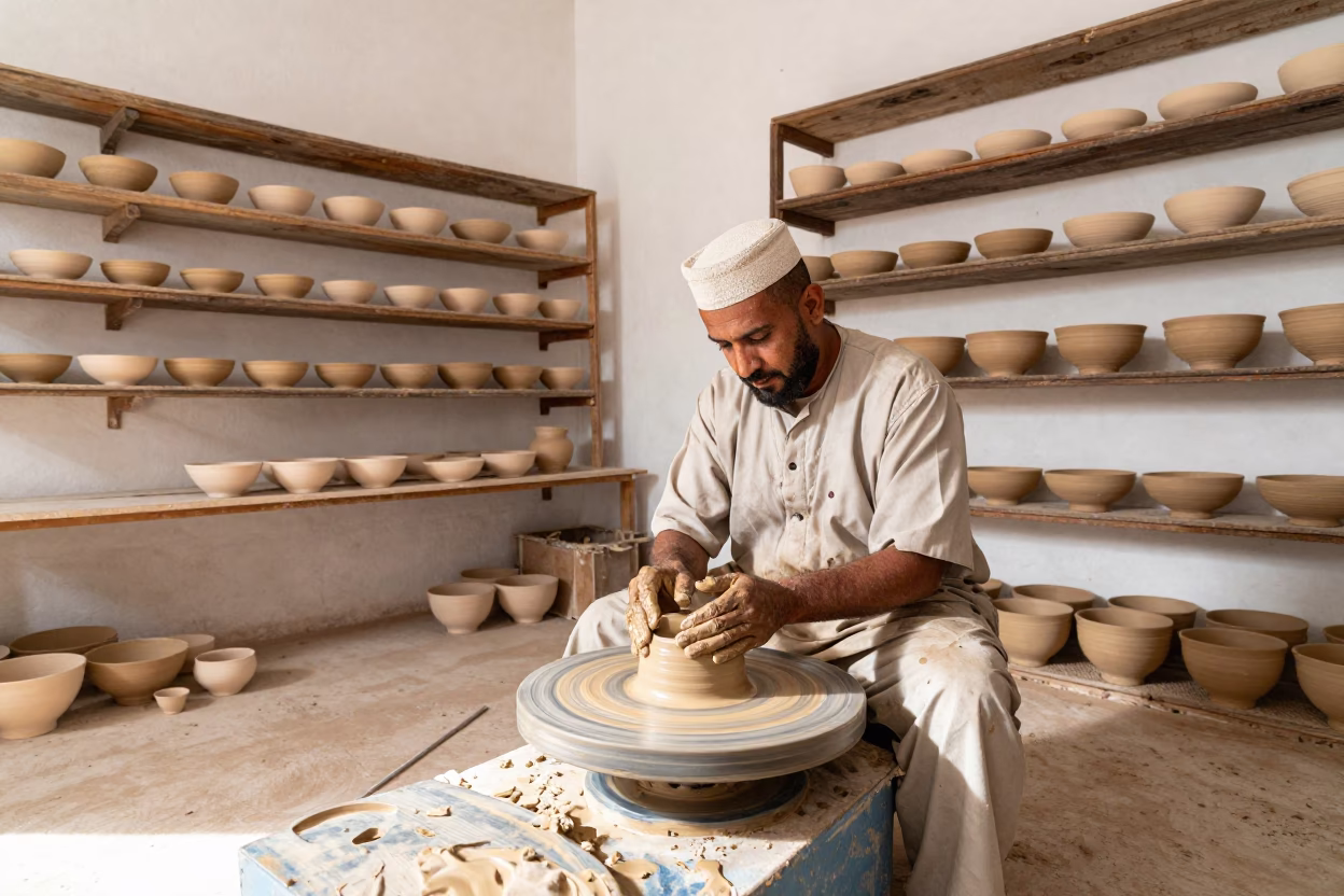 Traditional Moroccan Pottery Workshop in Essaouira with Artisan Crafting Ceramic Bowls in in Essaouira, Morocco