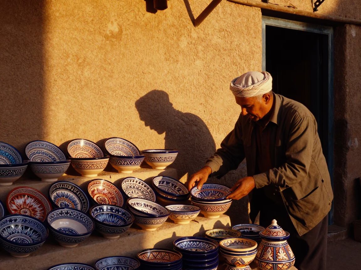 Traditional Moroccan Pottery Workshop in Fez with Colorful Clay Bowls and Fruit at Dusk in in Fez, Morocco