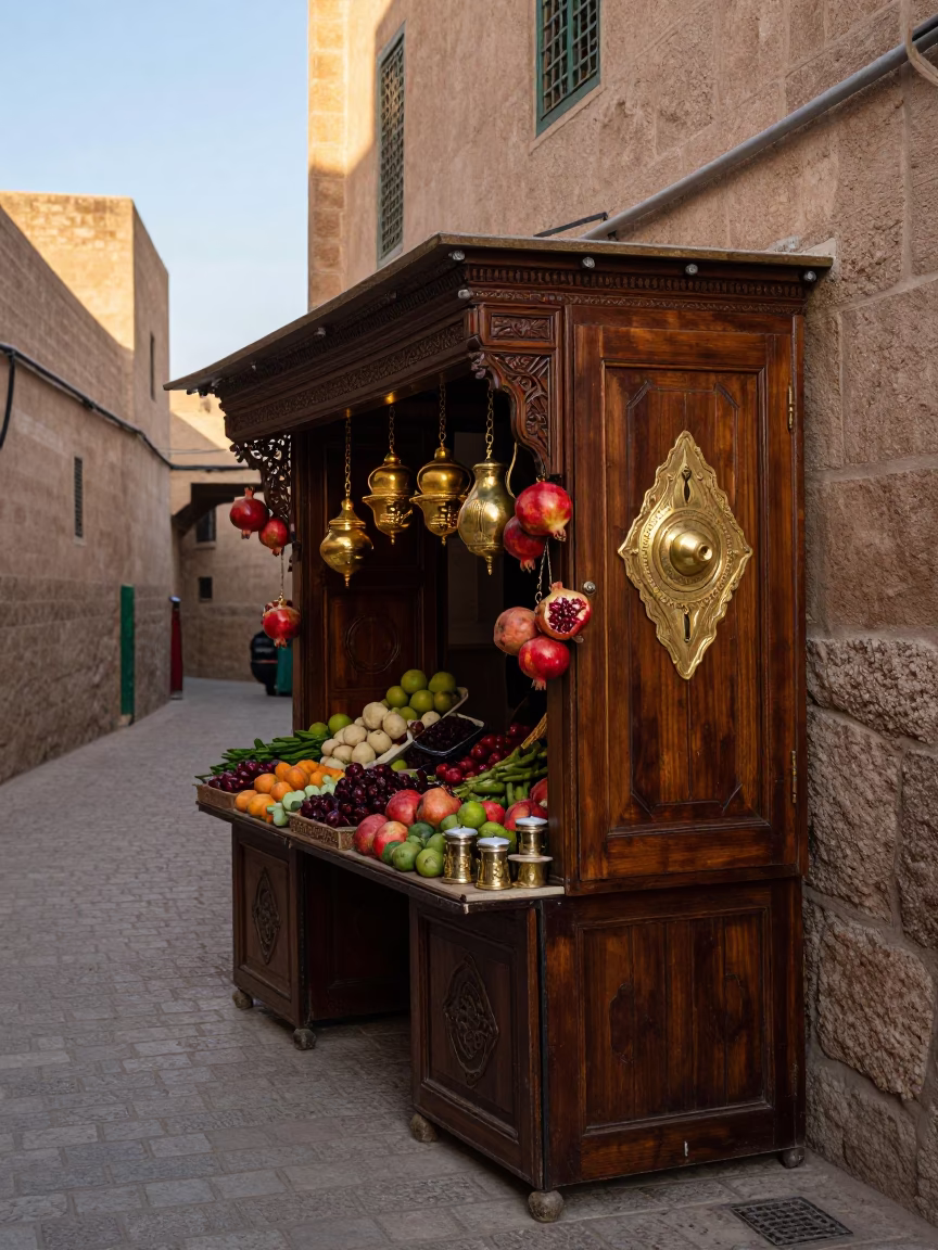 Traditional Moroccan Stall with Brass Hardware and Pomegranates at Dawn in Fez Medina in in Fez, Morocco