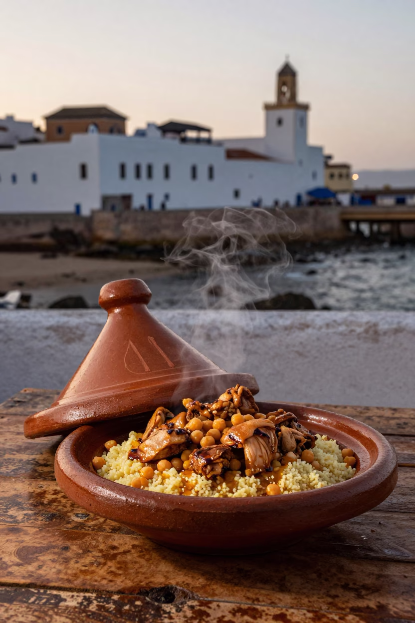 Traditional Moroccan Tagine with Couscous in Essaouira Evening Light in in Essaouira, Morocco