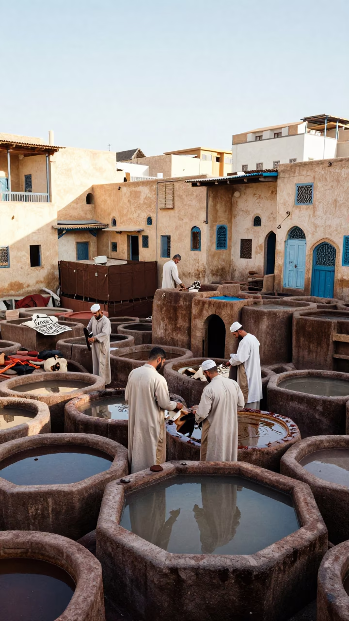 Traditional Moroccan Tannery Workers Processing Hides in Fez Early Afternoon Sunlight in in Fez, Morocco