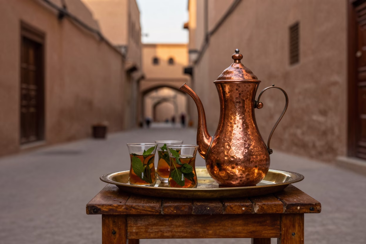 Traditional Moroccan Tea Service in Fez Medina Copper Light Before Dusk in in Fez, Morocco