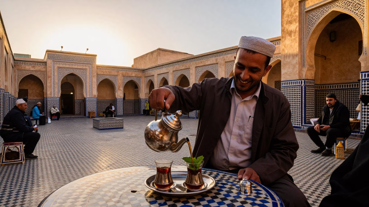 Traditional Moroccan Tea Service in Fez Medina Courtyard at Sunset in in Fez, Morocco