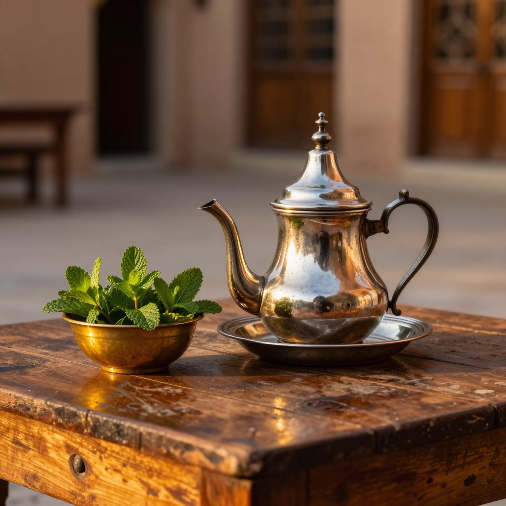 Traditional Moroccan Tea Service in Fez Medina Honeyed Evening Light in in Fez, Morocco