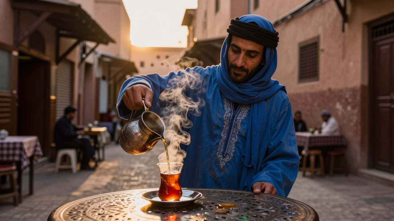 Traditional Moroccan Tea Service in Marrakech Souk During Golden Hour in in Marrakech, Morocco