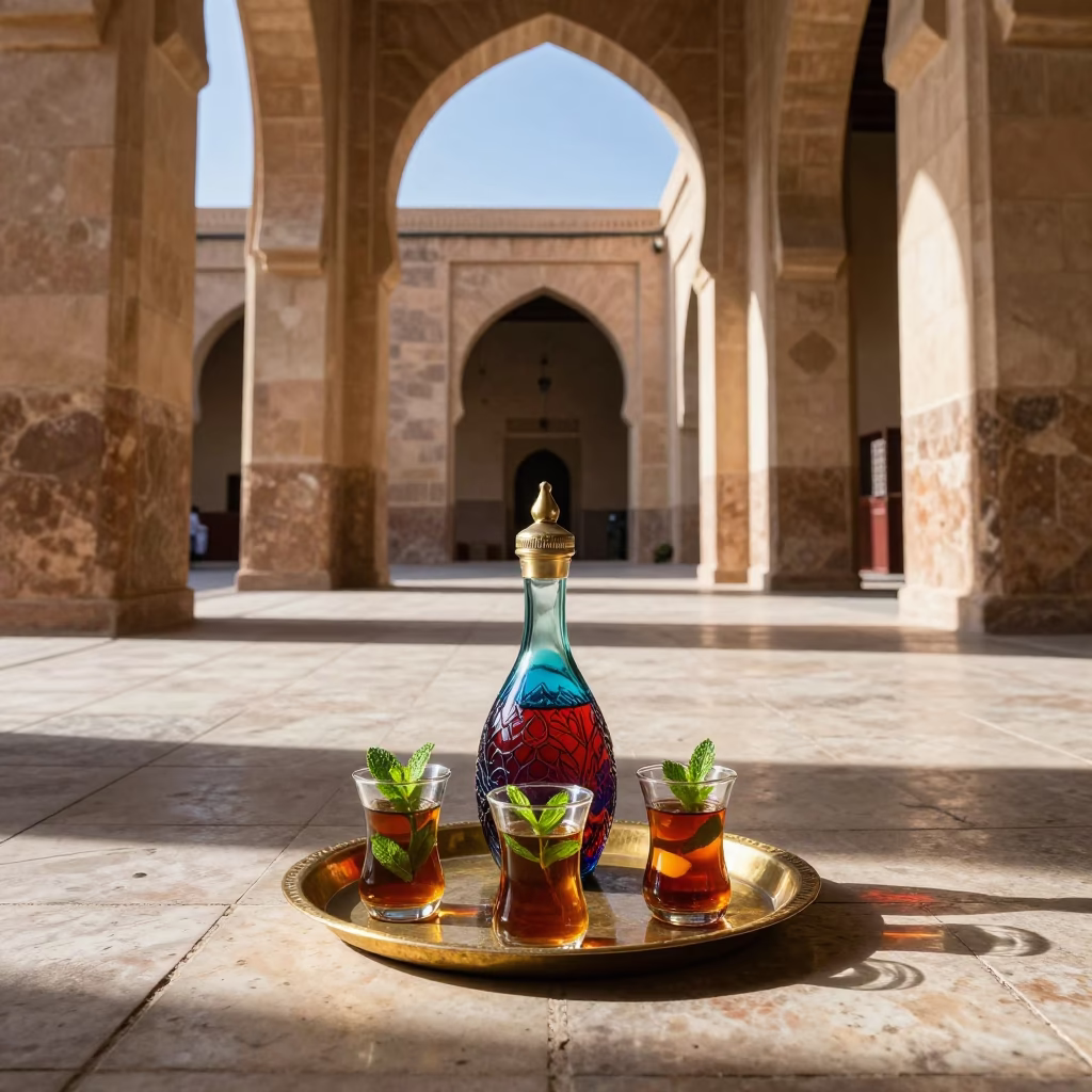 Traditional Moroccan Tea Service with Colored Glass Bottle in Fez Medina Courtyard in in Fez, Morocco