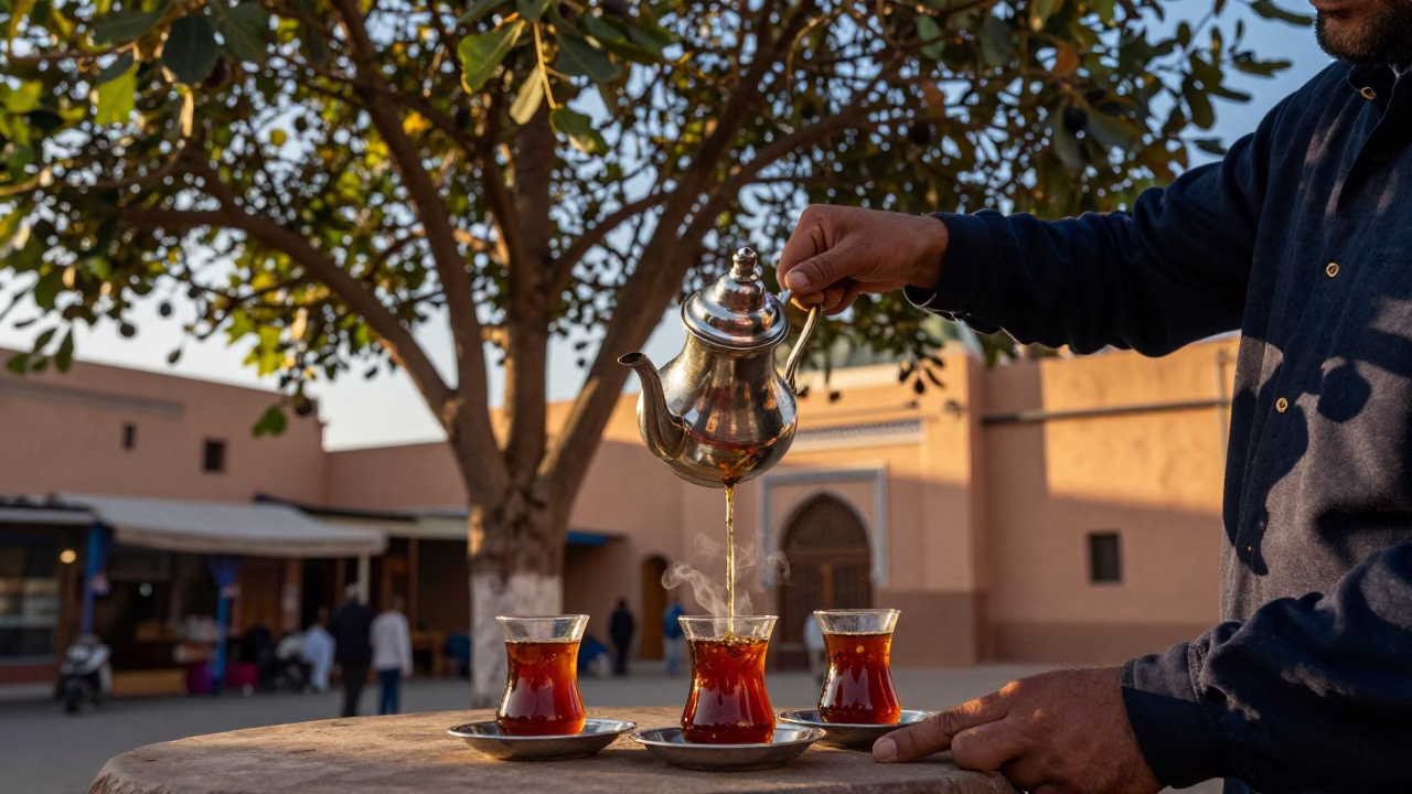 Traditional Moroccan Tea Service with Fig Tree in Honeyed Evening Light Marrakech in in Marrakech, Morocco