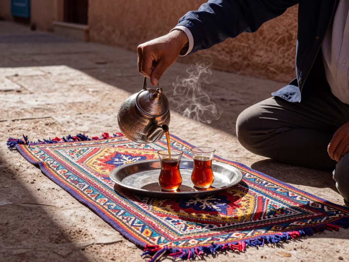 Traditional Moroccan Tea Service with Woven Mats in Marrakech Medina Early Afternoon Sunlight in in Marrakech, Morocco