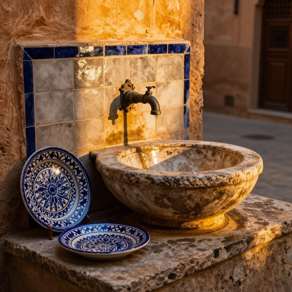 Traditional Moroccan Wash Basin and Vintage Majolica Plate in Fez Medina Courtyard Evening Light in in Fez, Morocco