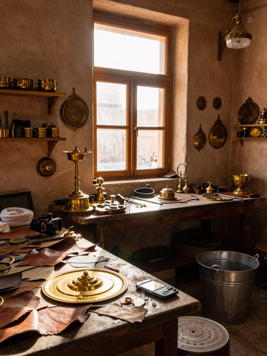 Traditional Moroccan Workshop Interior with Brass Hardware and Daily Tools in Fez in in Fez, Morocco