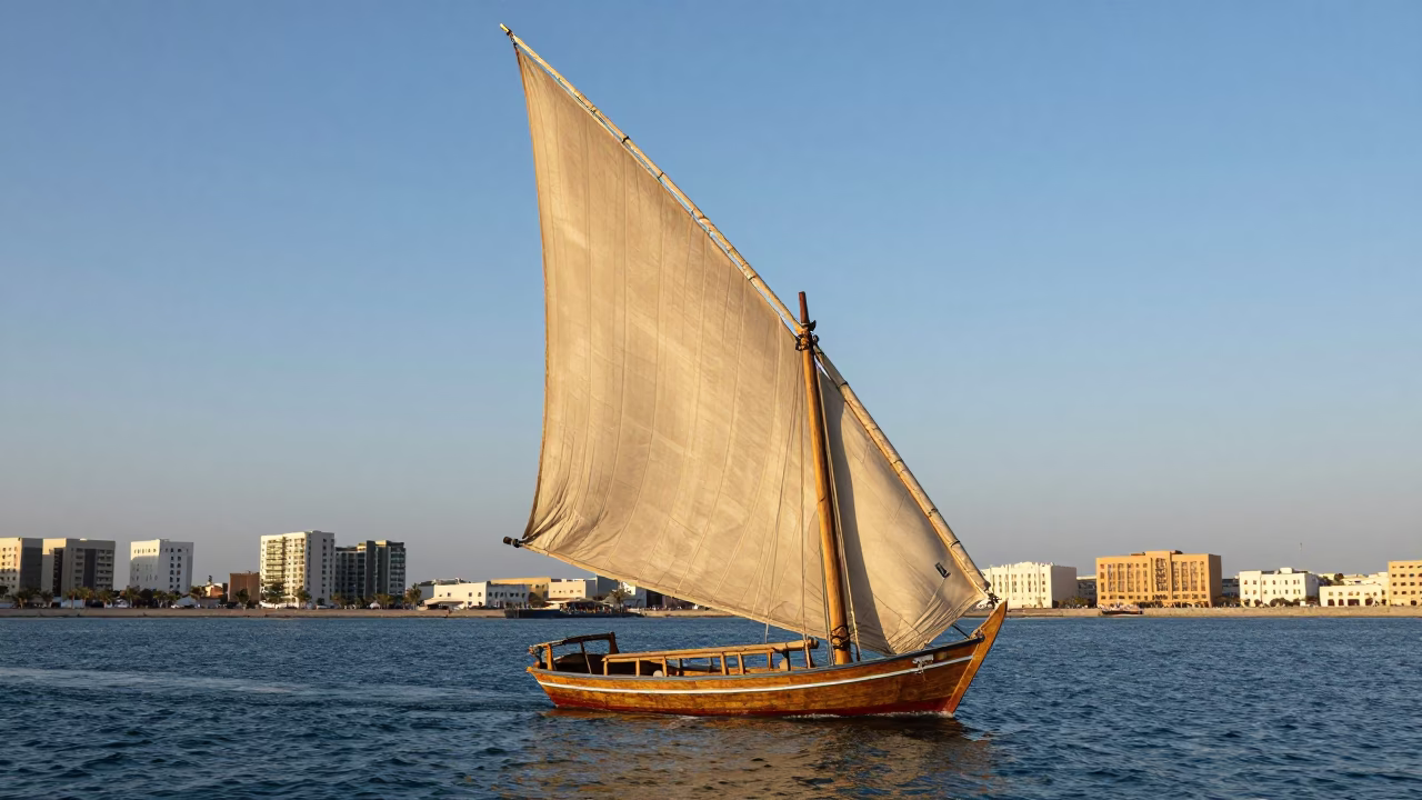 Traditional Muscat Omani Dhow Sailboat Heeling in Late Afternoon Sunlight in in Muscat, Oman