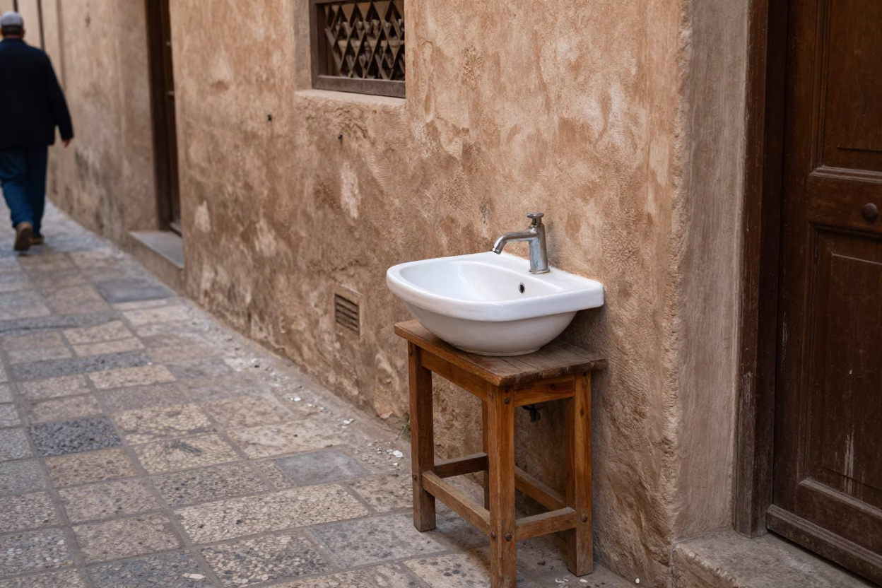 Traditional Muscat Omani Street Scene with Wash Basin and Lantern in Early Afternoon in in Muscat, Oman