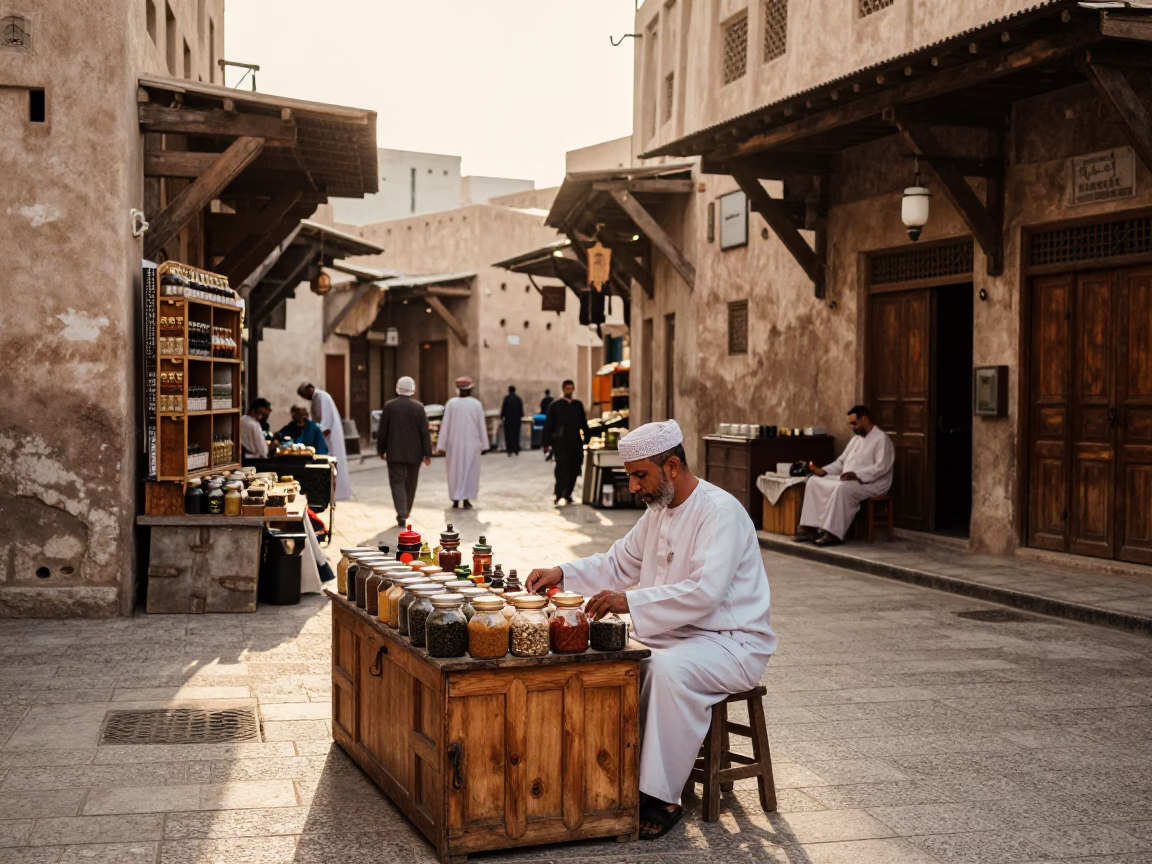 Traditional Muscat Souq Alleyway Late Afternoon Street Scene with Local Commerce in in Muscat, Oman