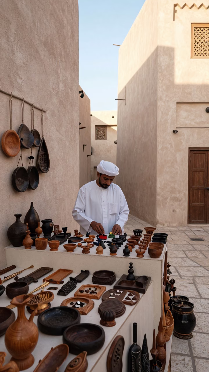 Traditional Muscat Souq Shopkeeper Displaying Handcrafted Wooden Goods Under Early Afternoon Sun in in Muscat, Oman
