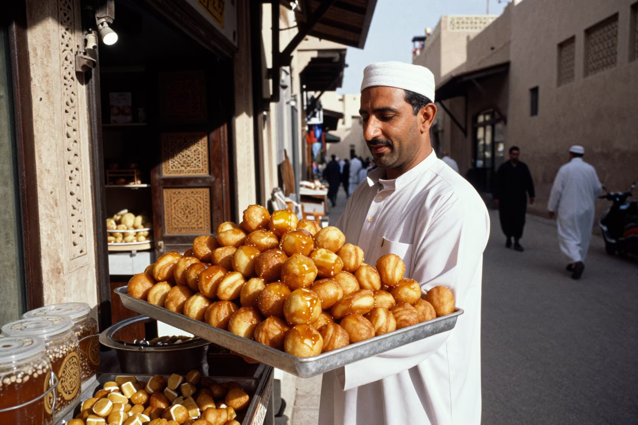Traditional Muscat Souq Shopkeeper Displaying Sweet Loukoumades in Honey Tray in in Muscat, Oman