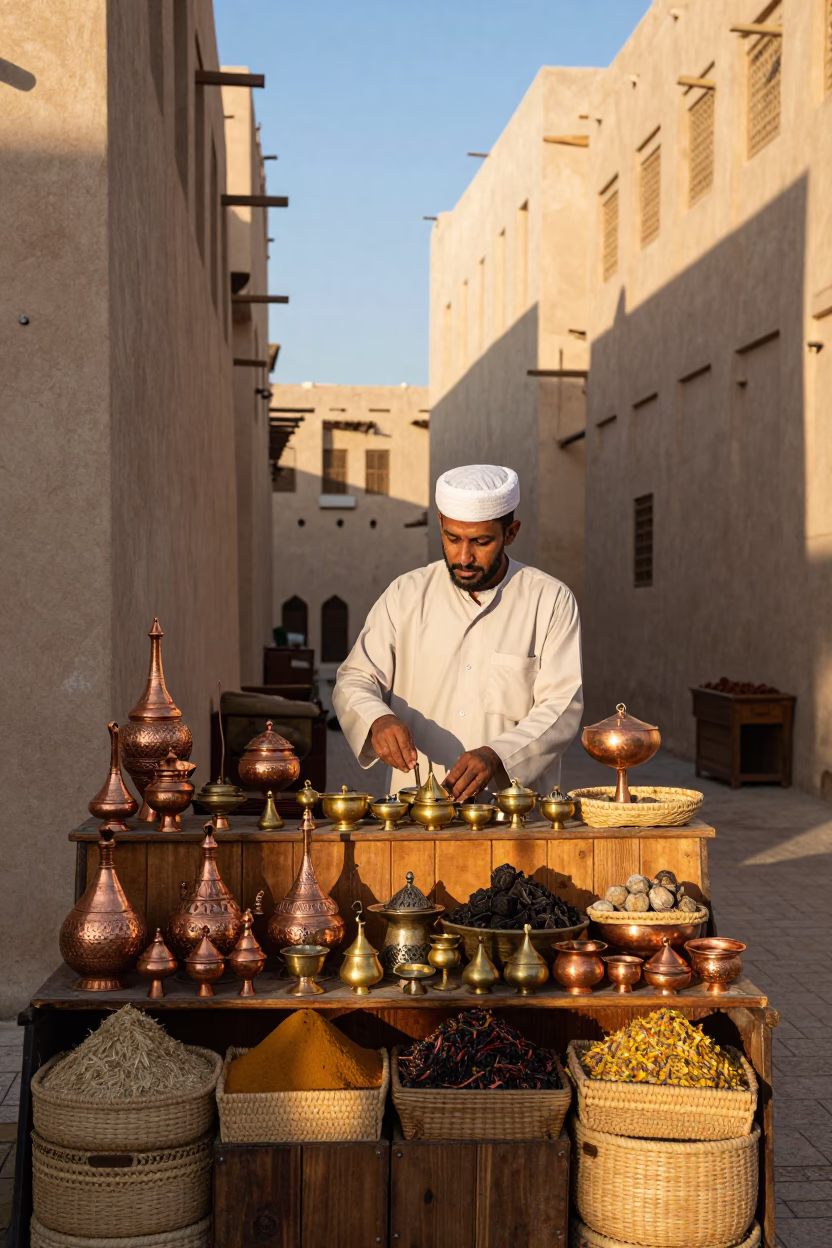 Traditional Muscat Souq Stall Displaying Handcrafted Copperware and Spices in Late Afternoon Light in in Muscat, Oman