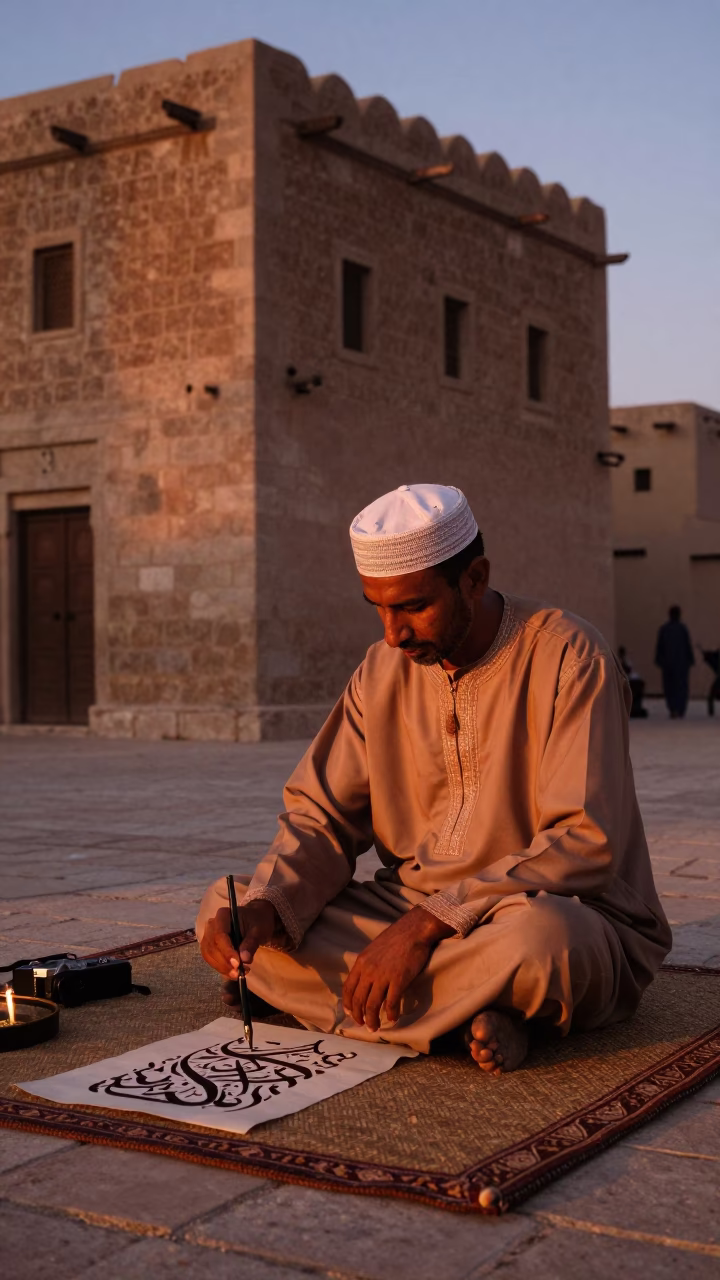 Traditional Omani Calligraphy Demonstration in Copper Dusk Light Muscat in in Muscat, Oman