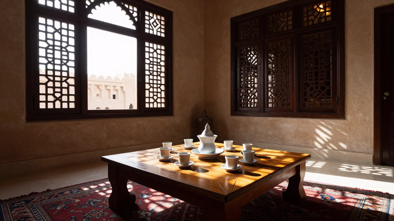 Traditional Omani Coffee Ceremony in Muscat Late Morning Sunlight with Silver Spoon in in Muscat, Oman