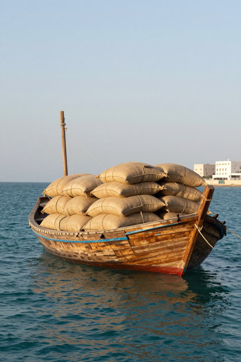 Traditional Omani Dhow Cargo Boat Navigating Muscat Waterway in Early Afternoon Sunlight in in Muscat, Oman