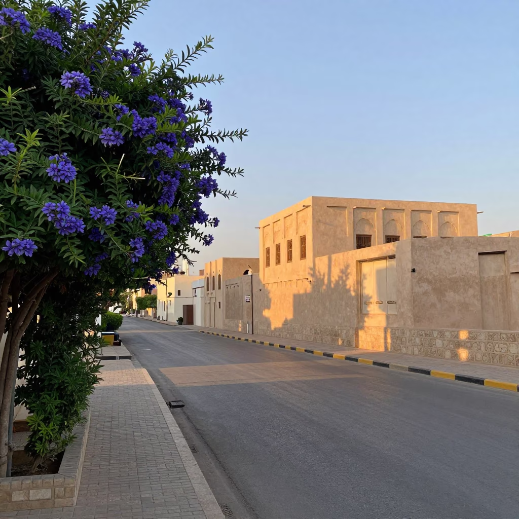 Traditional Omani Evening Scene in Muscat with Plumbago Hedge and Local Architecture in in Muscat, Oman