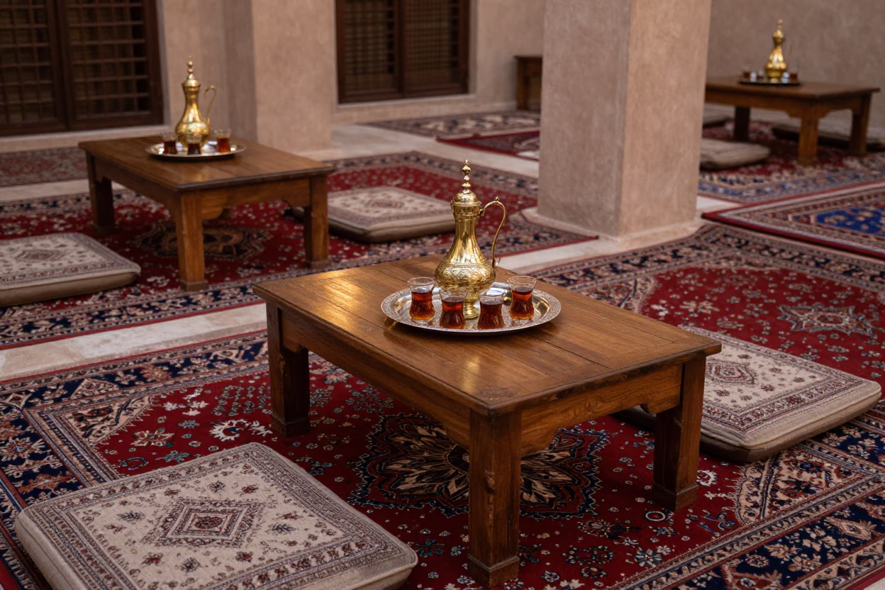 Traditional Omani Majlis Interior with Decorative Brass Tea Set and Cushioned Seating in Muscat in in Muscat, Oman