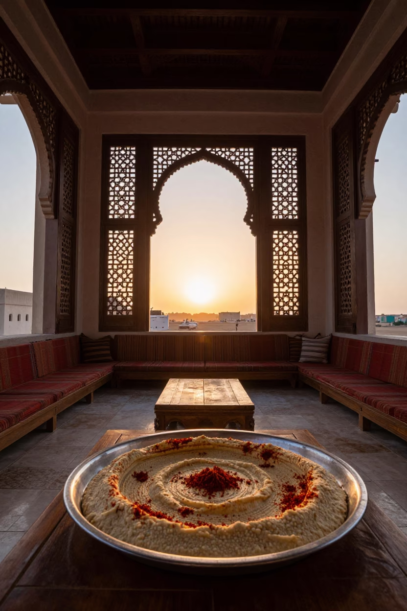 Traditional Omani Majlis Interior with Hummus and Sunset Light in Muscat in in Muscat, Oman