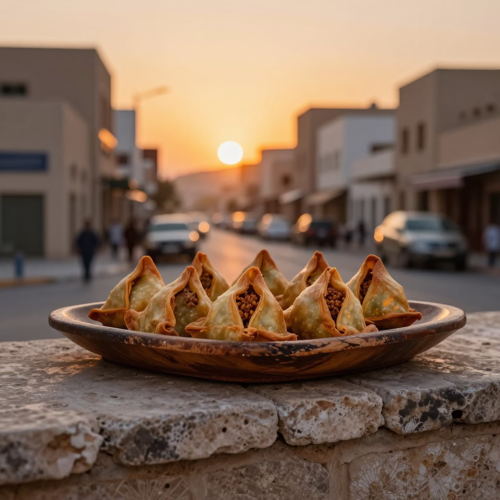 Traditional Omani Sambusa Tray at Sunset in Muscat Street Scene in in Muscat, Oman