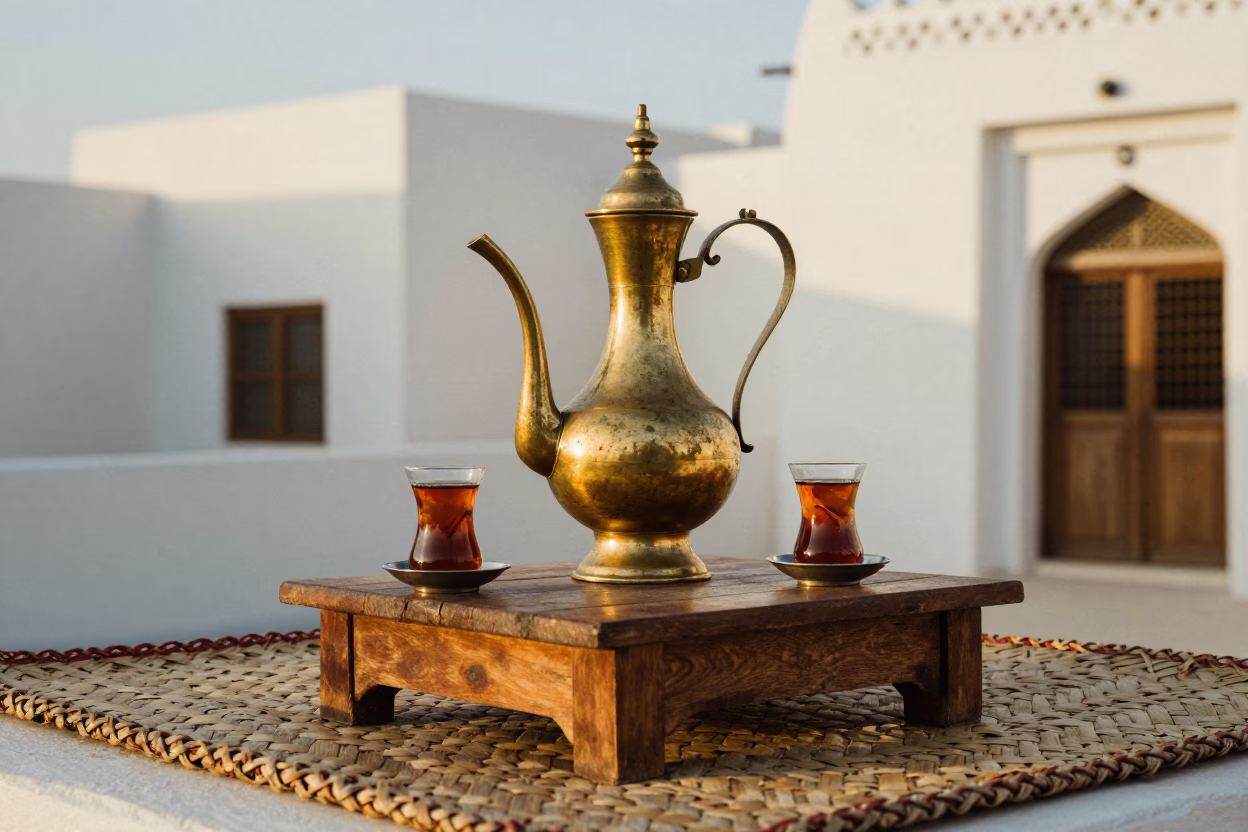 Traditional Omani Tea Service in Muscat Honeyed Evening Light in in Muscat, Oman