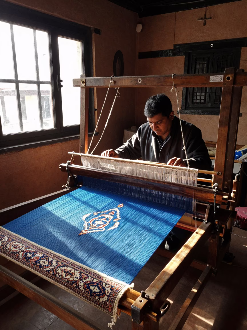 Traditional Persian Carpet Loom in Kathmandu Workshop Midday Sunlight in in Kathmandu, Nepal