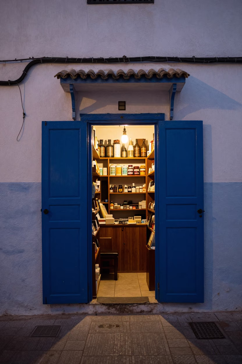 Traditional Pharmacy in Essaouira at Twilight in in Essaouira, Morocco