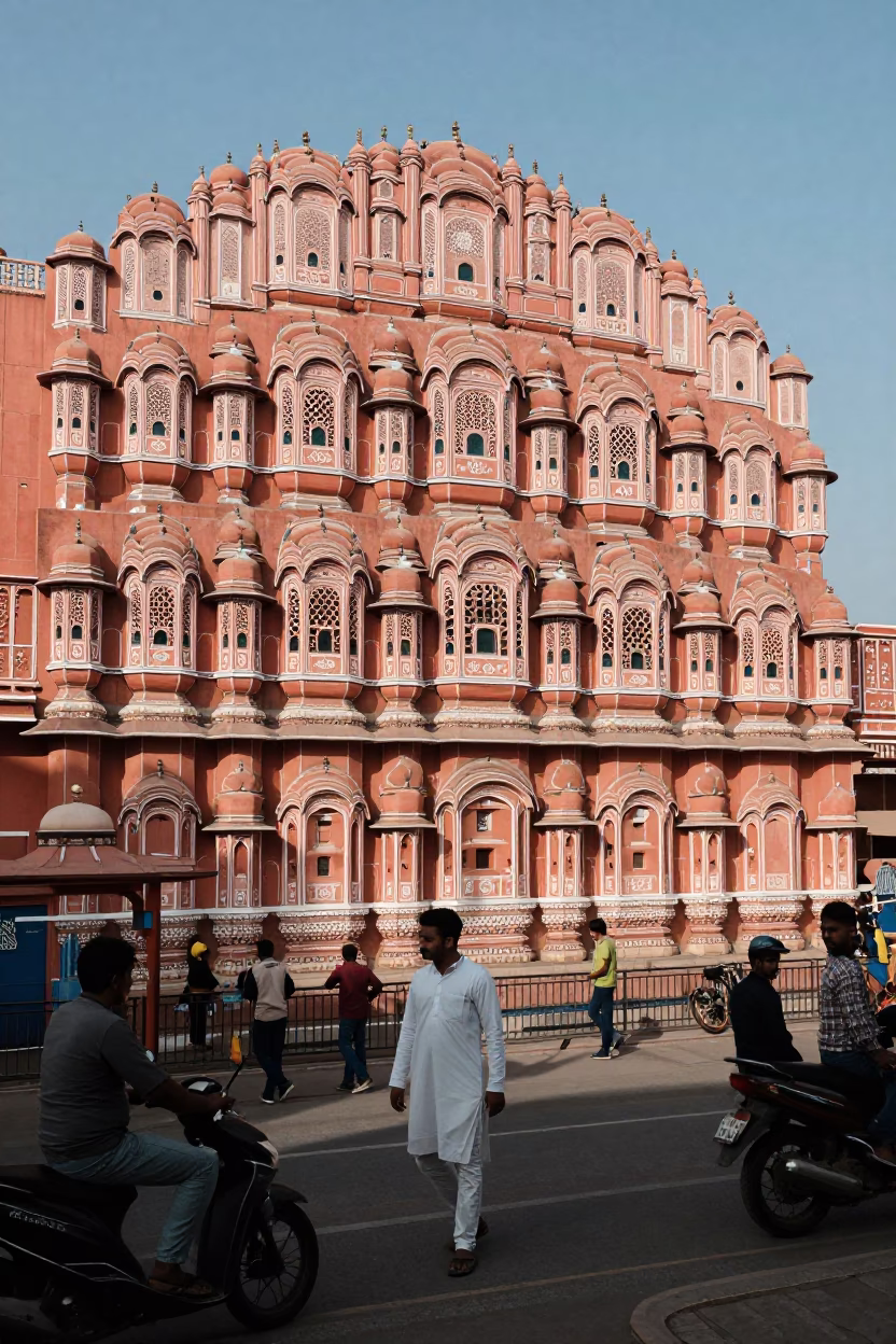 Traditional Pink Haveli Architecture and Street Life in Jaipur India Early Afternoon in in Jaipur, India