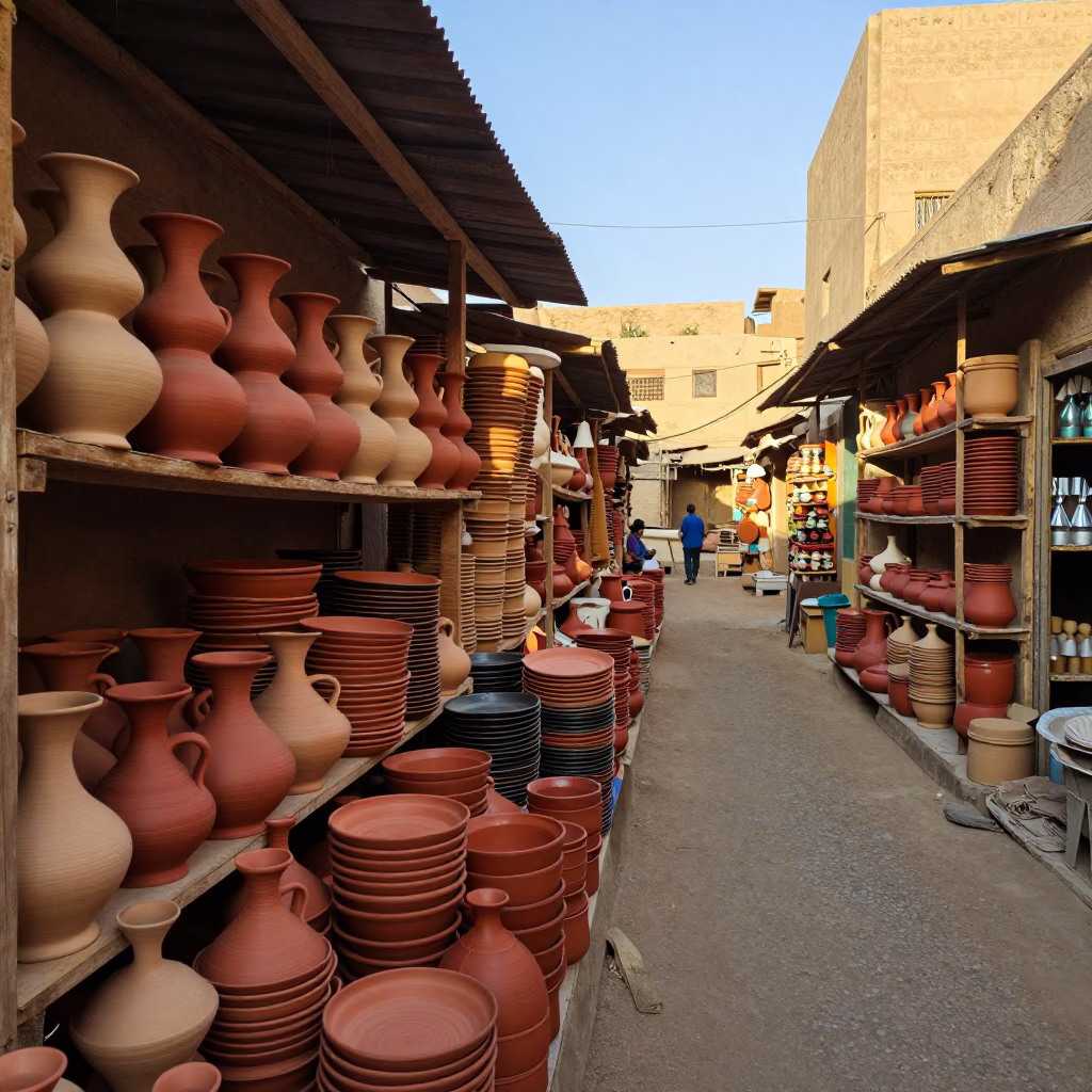 Traditional Pottery Market in Luxor Egypt Late Afternoon Light Stacked Wares in in Luxor, Egypt