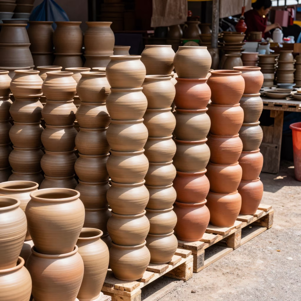 Traditional Pottery Market Scene in Tainan Taiwan Midday Sunlight Stacked Ceramic Wares in in Tainan, Taiwan