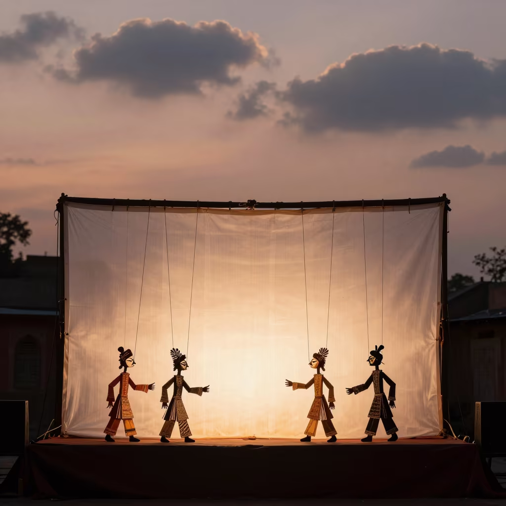 Traditional Puppet Show Behind Screen at Delhi Sunset in on a dimly lit stage in Delhi