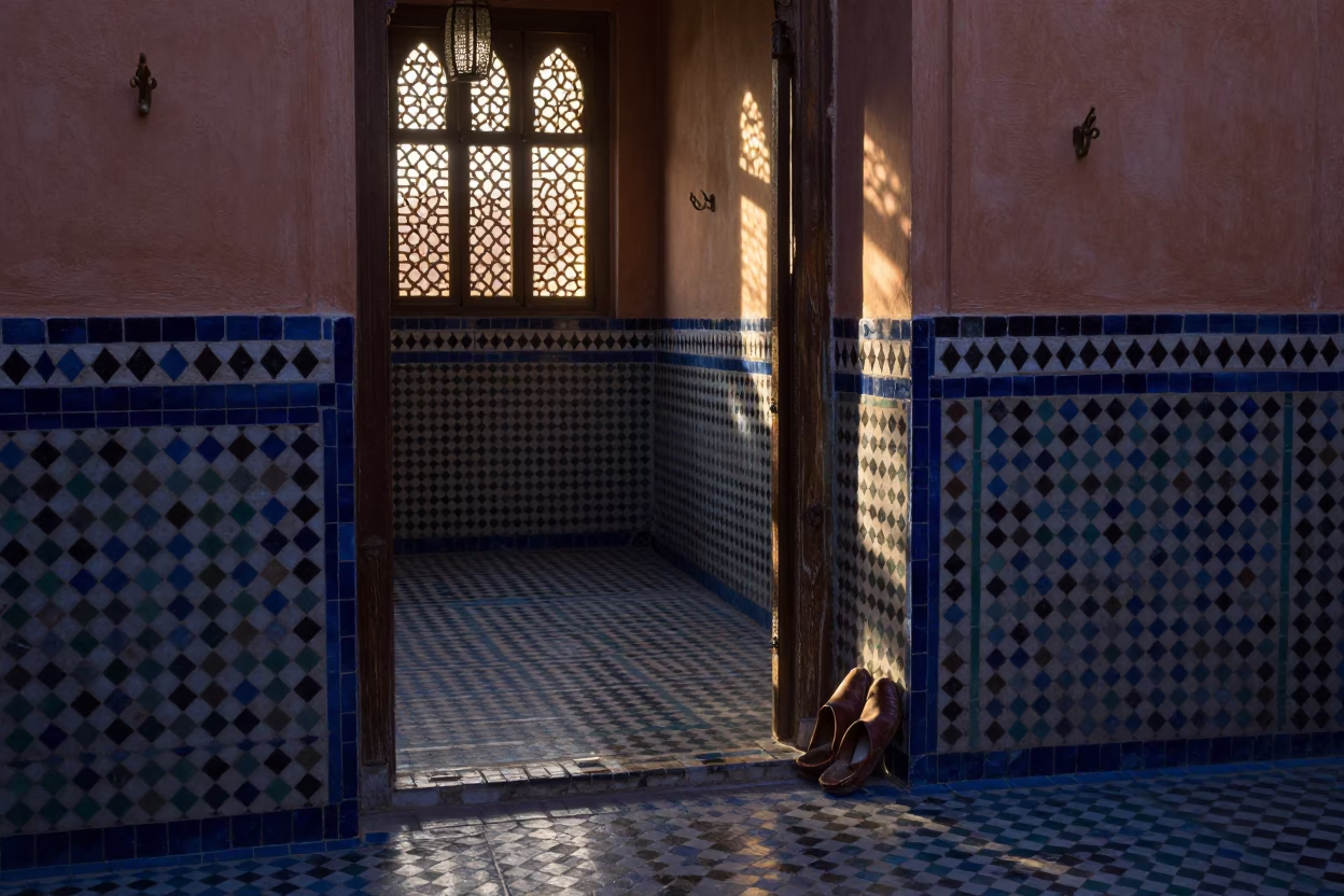 Traditional Riad Showing Leather Slippers And Wall Hooks Before Sunrise in Marrakech in in Marrakech, Morocco