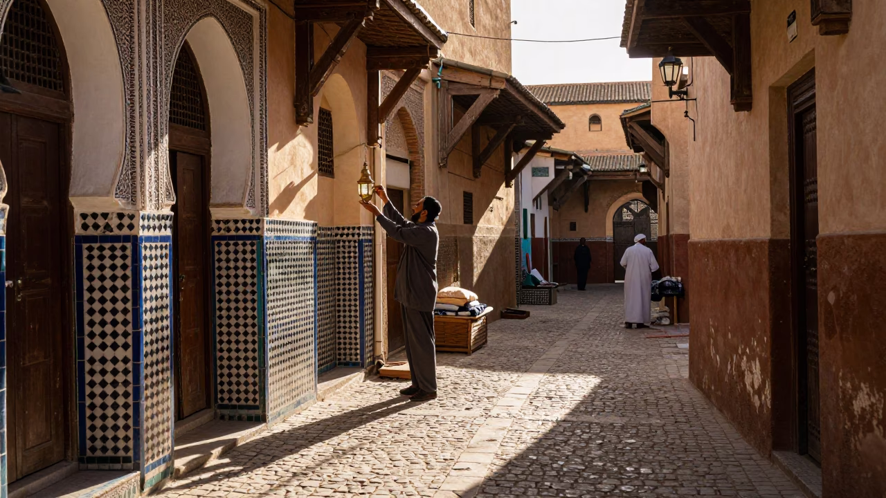 Traditional Souk in Fez at As First Light Reaches The Scene in in Fez, Morocco