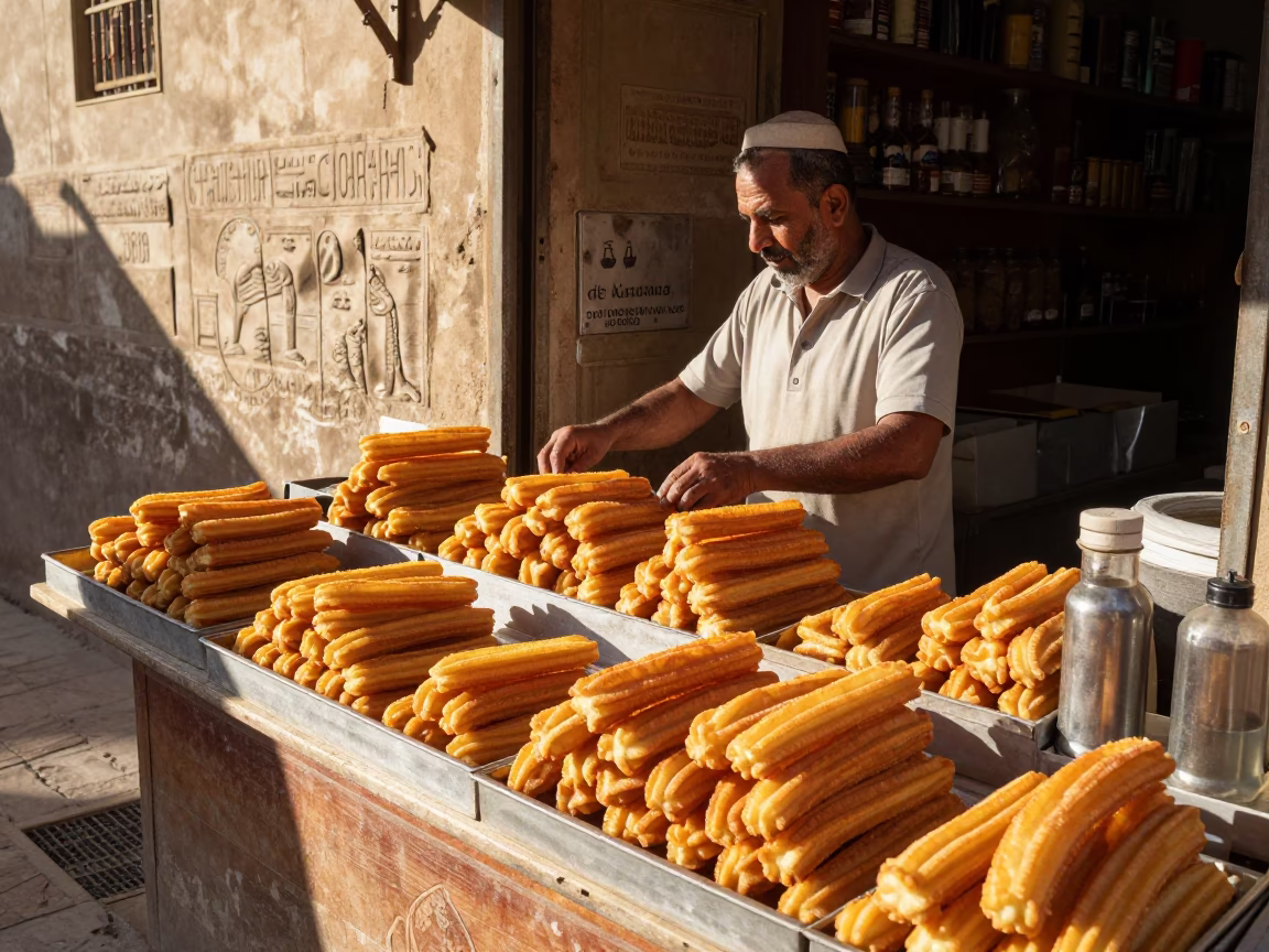 Traditional Sweet Shop Display of Pastries and Churros in Luxor Egypt Afternoon in in Luxor, Egypt