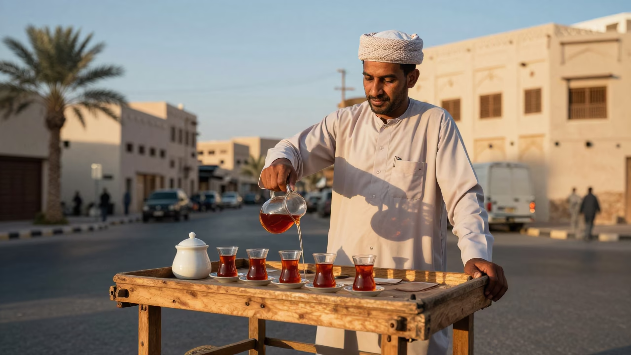 Traditional Tea at Clear Late-afternoon Light in Muscat in in Muscat, Oman