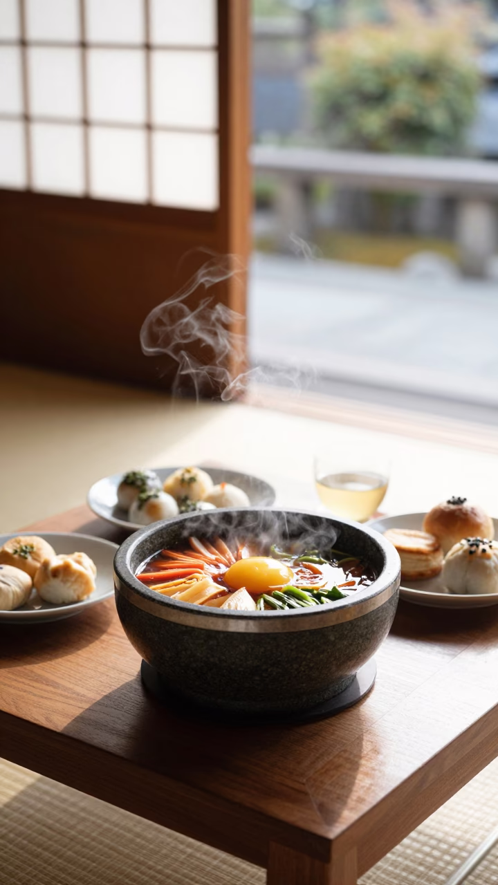 Traditional Tea Ceremony Stone Bowl and Pastries in Kyoto Midmorning in in Kyoto, Japan