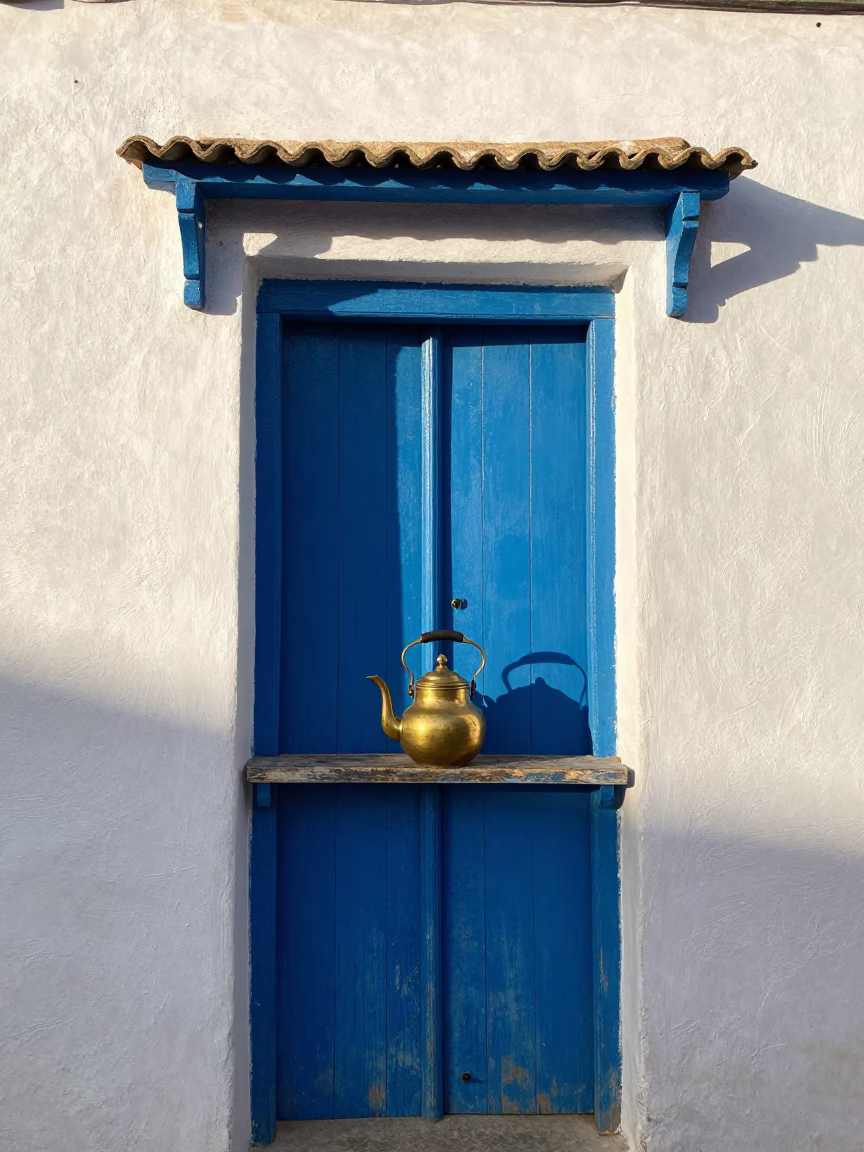 Traditional Tea Kettle on Blue Wooden Door in Essaouira Morocco Late Afternoon in in Essaouira, Morocco