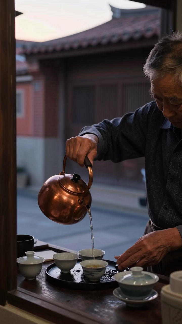 Traditional Tea Service in Ancient Tainan Alleyway During Early Evening in in Tainan, Taiwan