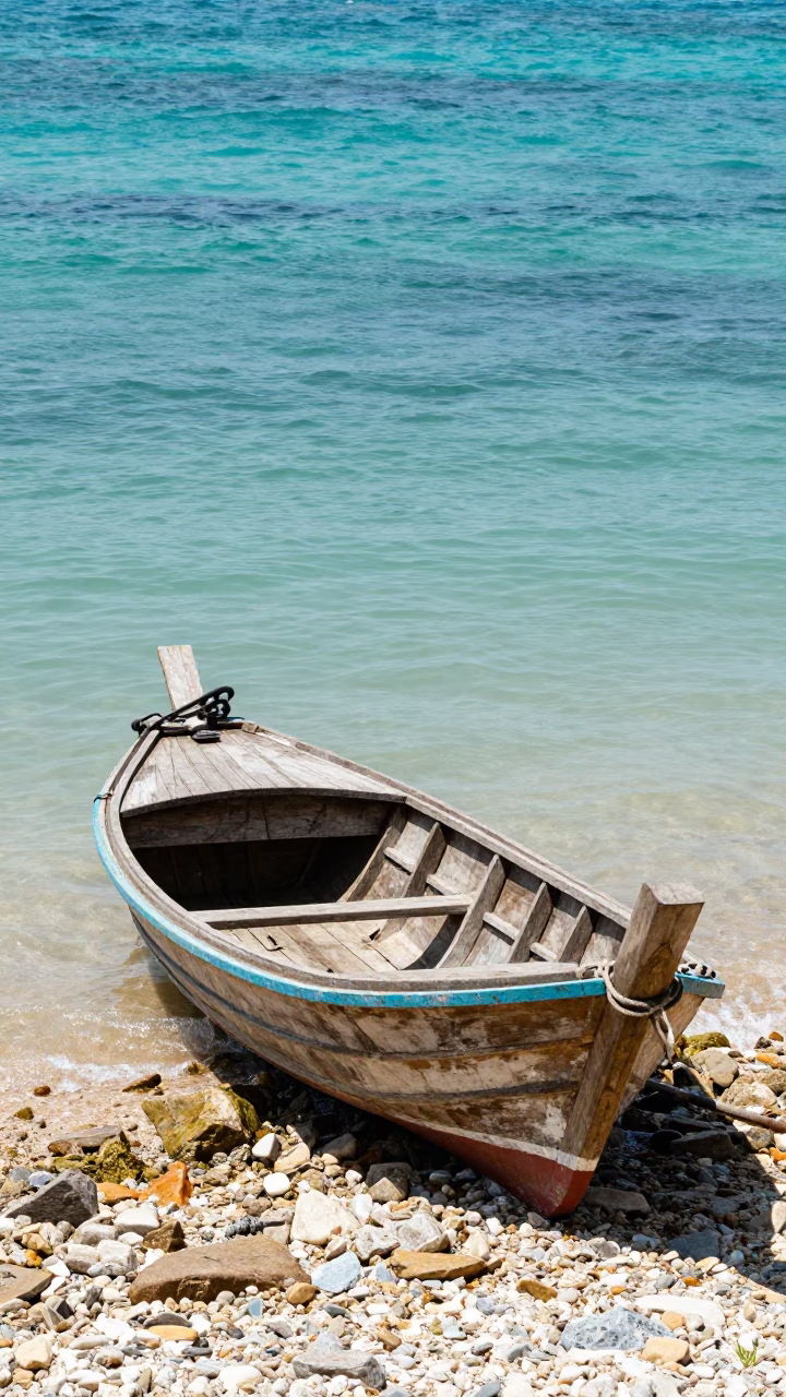 Traditional Thai Wooden Boat Resting on Rocky Shore in Phuket Thailand Midday in in Phuket, Thailand