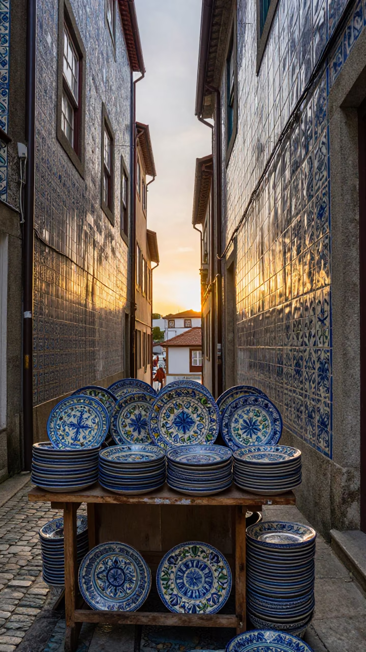 Traditional Tilework in Porto at As The Sun Drops Toward The Horizon in in Porto, Portugal