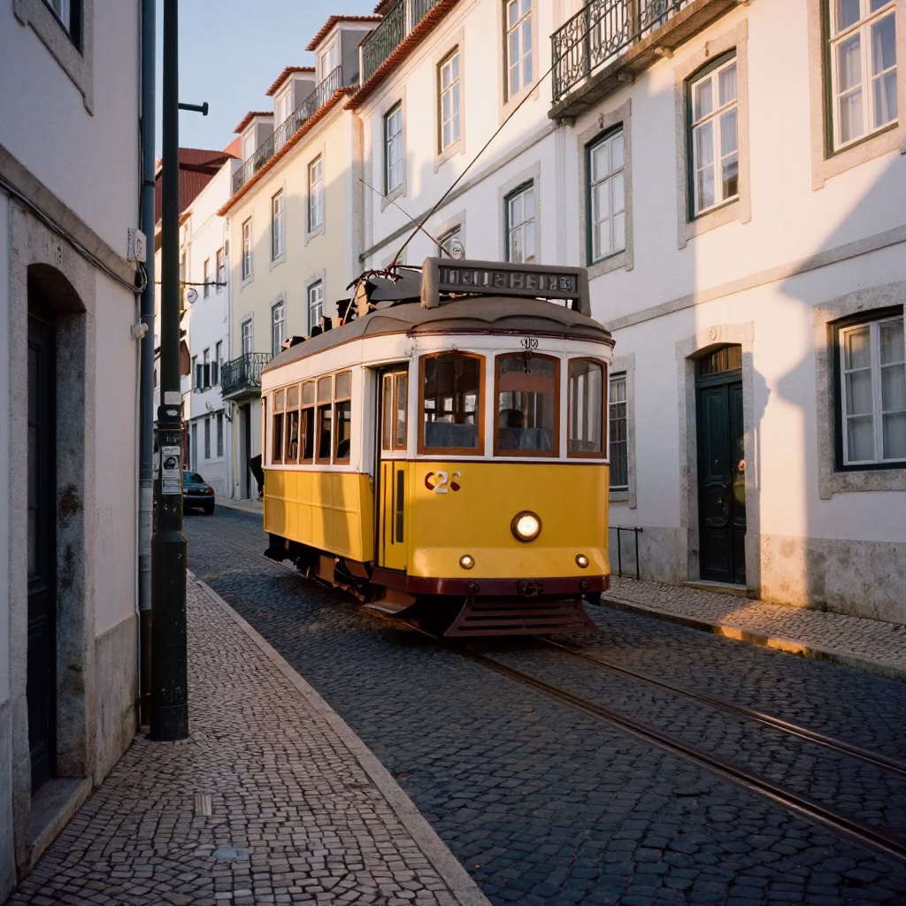 Traditional Tram 28 Crossing Historic Cobblestone Street at Sunset Light in Lisbon in in Lisbon, Portugal