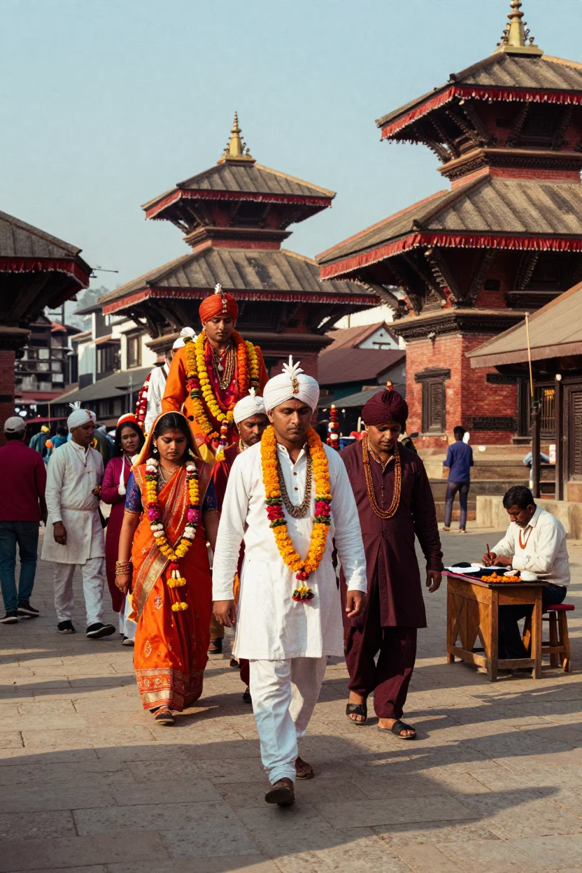 Traditional Wedding Procession in Kathmandu Late Afternoon Light with Pincushion Detail in in Kathmandu, Nepal