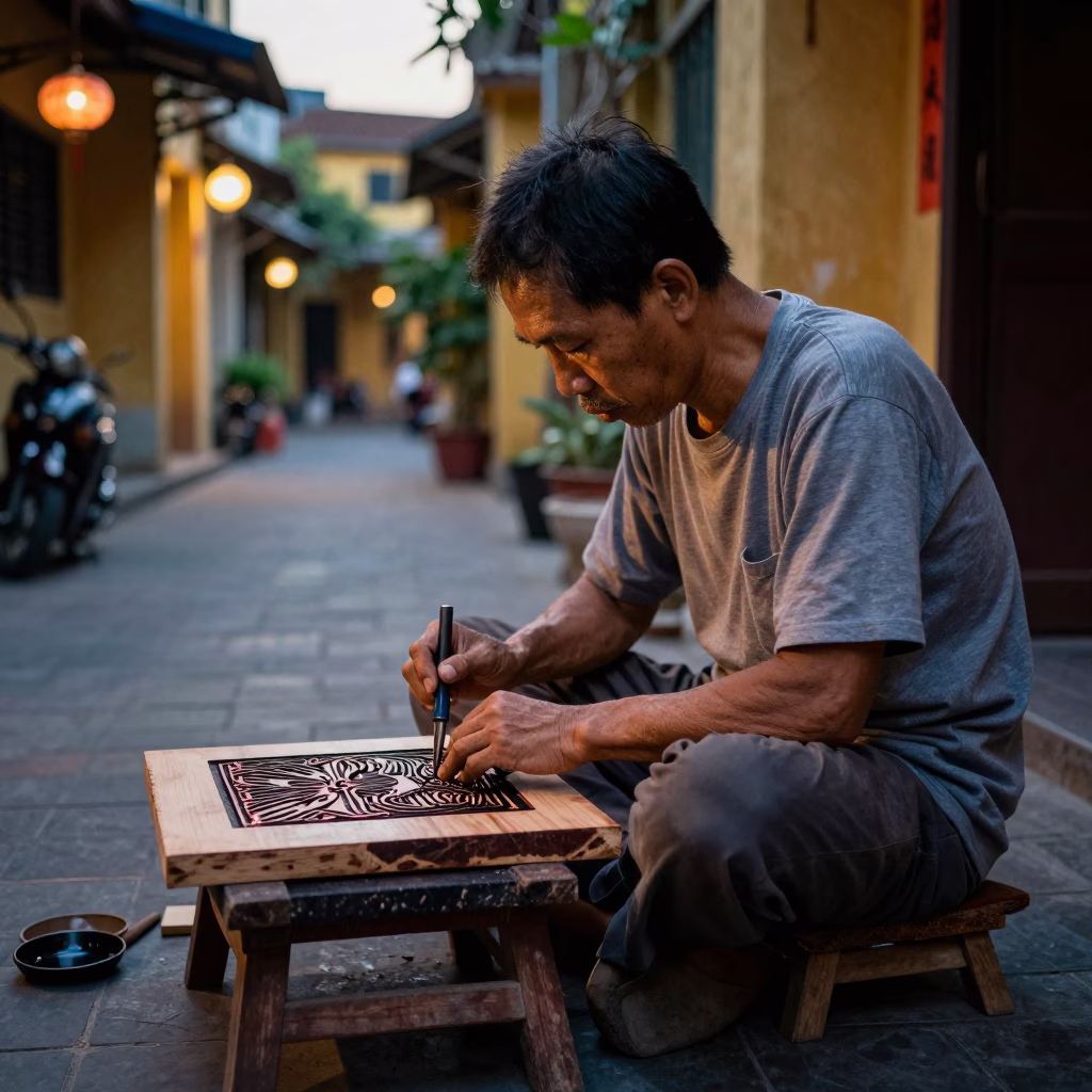 Traditional Woodblock Printmaker Carving Plates in Hoi An Vietnam Early Evening Light in in Hoi An, Vietnam